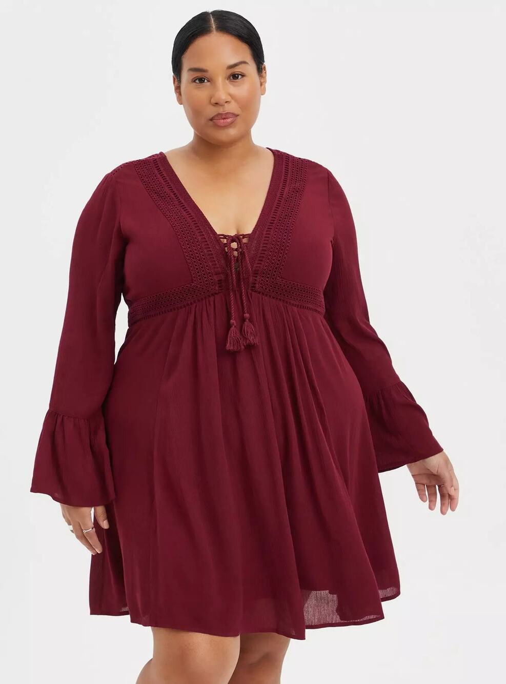[Torrid] Burgundy Maroon Red Crinkle Gauze Lace Up Skater Boho Mini Dress Sz 1X